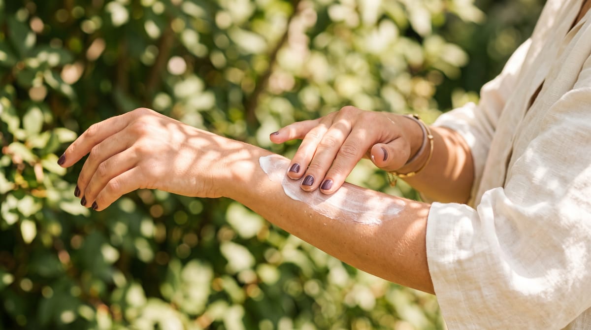 Woman applying sunscreen outdoors on a sunny summer day in Ottawa