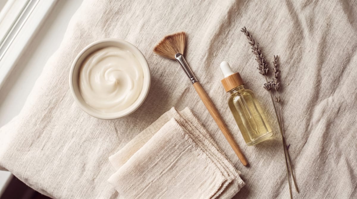 Facial treatment products arranged on an ivory surface at QST Esthetics in Orléans